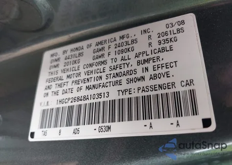 2008 Honda Accord 2.4 Ex-L z USA, uszkodzony, nr VIN 1HGCP26848A103513